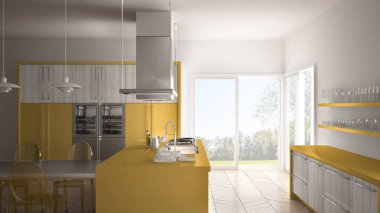 Masa, sandalye ve parke zemin ile minimalist modern mutfak