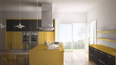 Masa, sandalye ve parke zemin ile minimalist modern mutfak