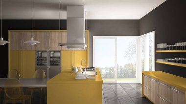 Masa, sandalye ve parke zemin ile minimalist modern mutfak