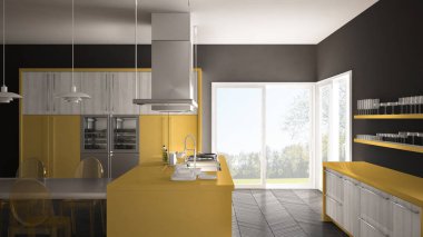 Masa, sandalye ve parke zemin ile minimalist modern mutfak