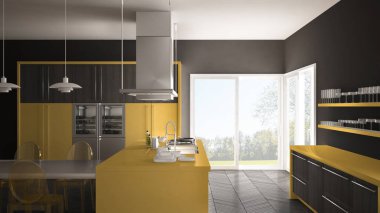 Masa, sandalye ve parke zemin ile minimalist modern mutfak