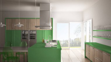 Masa, sandalye ve parke zemin ile minimalist modern mutfak