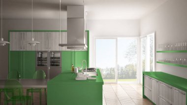 Masa, sandalye ve parke zemin ile minimalist modern mutfak