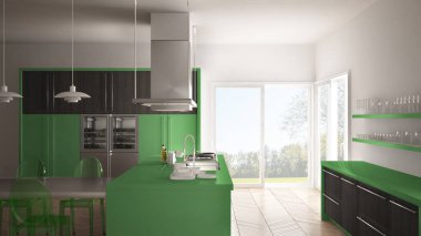 Masa, sandalye ve parke zemin ile minimalist modern mutfak