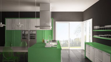 Masa, sandalye ve parke zemin ile minimalist modern mutfak