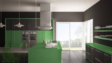 Masa, sandalye ve parke zemin ile minimalist modern mutfak