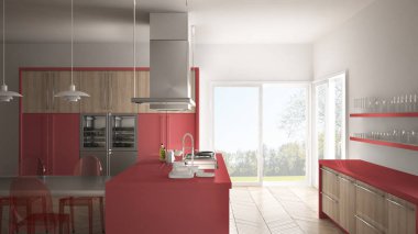 Masa, sandalye ve parke zemin ile minimalist modern mutfak