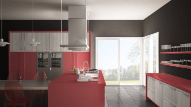 Masa, sandalye ve parke zemin ile minimalist modern mutfak