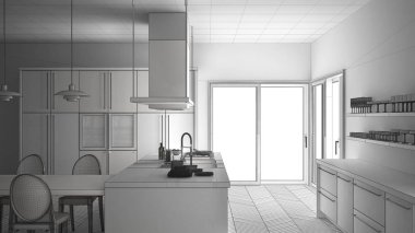 Tablo, minimalist modern mutfak, tamamlanmamış proje ch