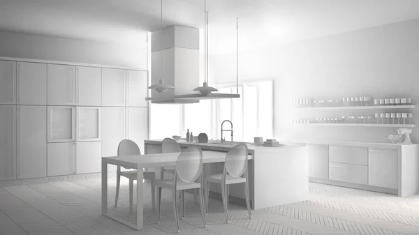 A minimalista modern konyha asztal, c fehér projekt teljes — Stock Fotó