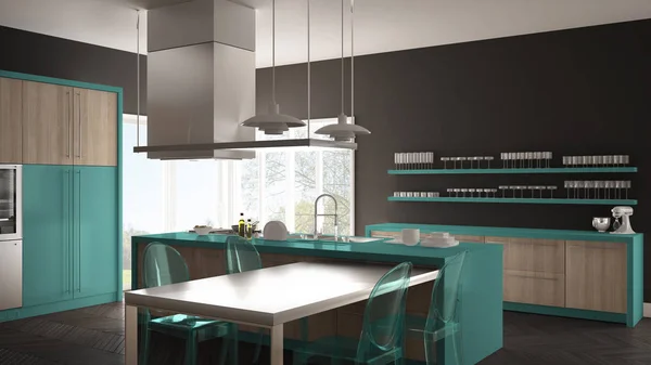 Cozinha moderna minimalista com mesa, cadeiras e piso em parquet — Fotografia de Stock