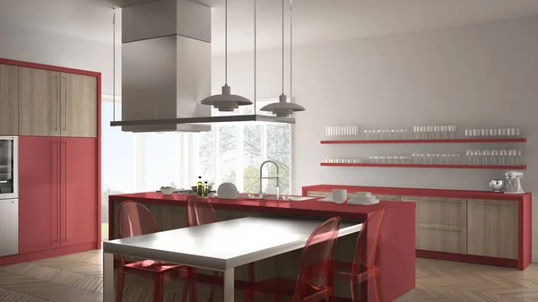 Minimalistisch moderne Küche mit Tisch, Stühlen und Parkettboden — Stockfoto