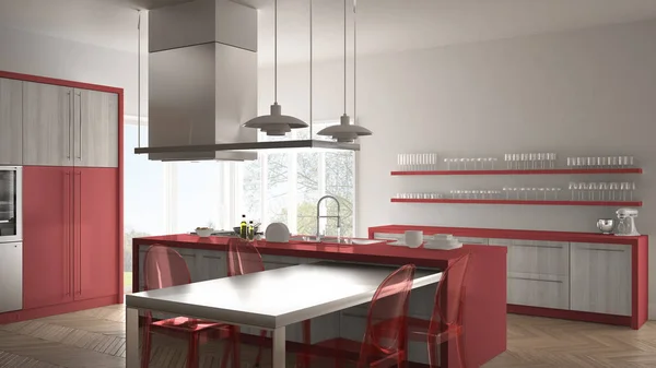 Minimalistisch moderne Küche mit Tisch, Stühlen und Parkettboden — Stockfoto