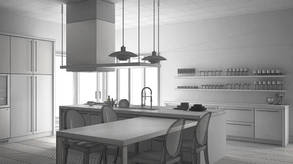Unfinished project of minimalistic modern kitchen with table, ch