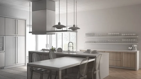 Projeto inacabado de cozinha moderna minimalista com mesa, ch — Fotografia de Stock