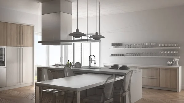 Projeto inacabado de cozinha moderna minimalista com mesa, ch — Fotografia de Stock