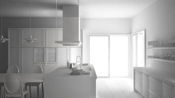 Totale witte project van minimalistische, moderne keuken met tafel, c — Stockfoto