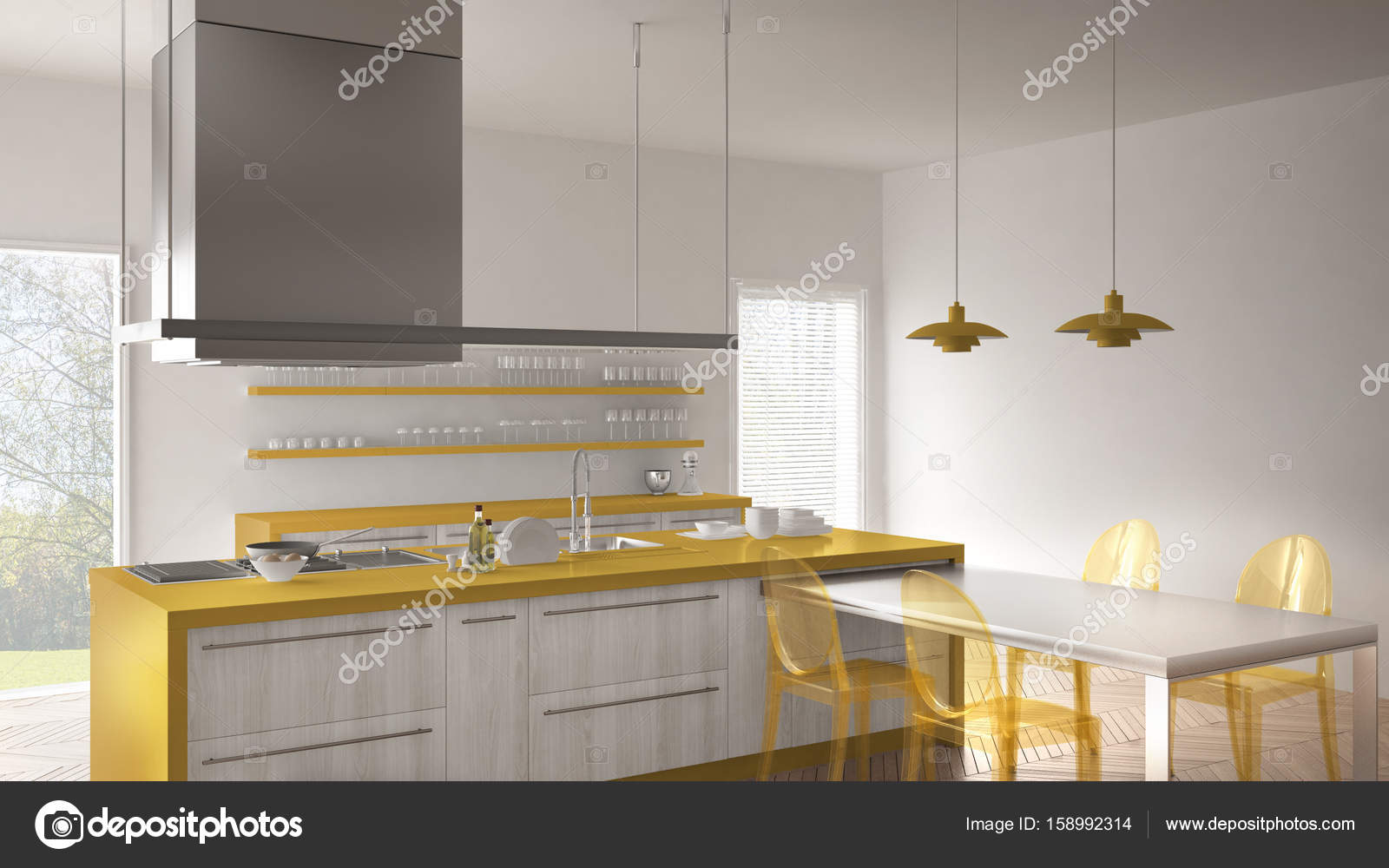 Minimalista E Moderna Cozinha Com Mesa Cadeiras E Parquet Piso Minimalista E Moderna Cozinha Com Mesa Cadeiras E Parquet Piso