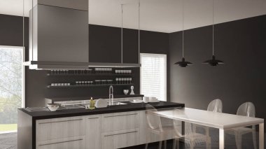 Masa, sandalye ve parke zemin ile minimalist modern mutfak