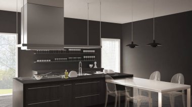 Masa, sandalye ve parke zemin ile minimalist modern mutfak