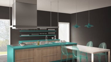 Masa, sandalye ve parke zemin ile minimalist modern mutfak