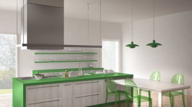 Masa, sandalye ve parke zemin ile minimalist modern mutfak