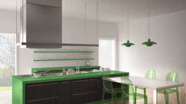 Masa, sandalye ve parke zemin ile minimalist modern mutfak