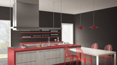 Masa, sandalye ve parke zemin ile minimalist modern mutfak