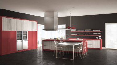 Masa, sandalye ve parke zemin ile minimalist modern mutfak