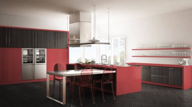 Masa, sandalye ve parke zemin ile minimalist modern mutfak