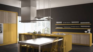 Masa, sandalye ve parke zemin ile minimalist modern mutfak