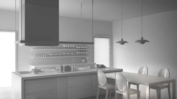 Total proyek putih dari dapur modern minimalistik dengan tabel, c — Stok Foto