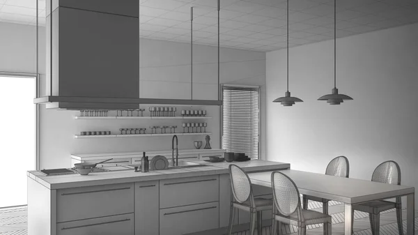 Progetto incompiuto di cucina moderna minimalista con tavolo, ch — Foto Stock