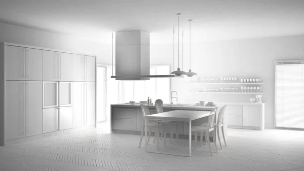 Progetto total white di cucina moderna minimalista con tavolo, c — Foto Stock