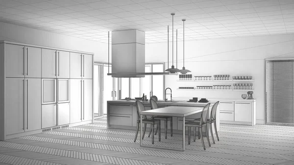 Onvoltooide project van minimalistische moderne keuken met tafel, ch — Stockfoto