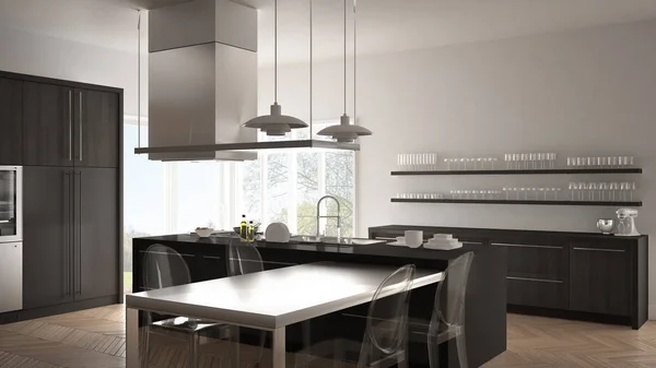Cozinha moderna minimalista com mesa, cadeiras e piso em parquet — Fotografia de Stock