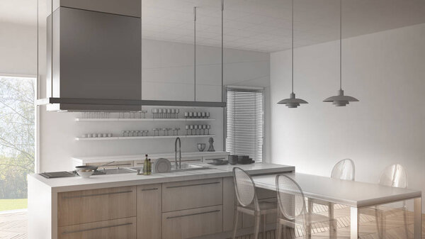 Незавершенный проект минималистической современной кухни со столом,
