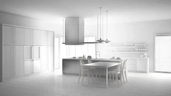 Total proyek putih dari dapur modern minimalistik dengan tabel, c — Stok Foto