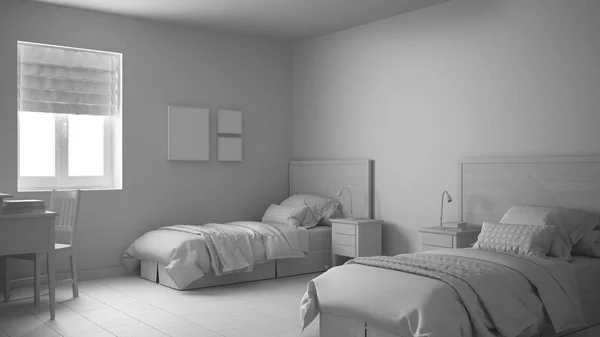 2 개의 침대와 스칸디나비아 빈티지 침실의 총 화이트 프로젝트 — 스톡 사진