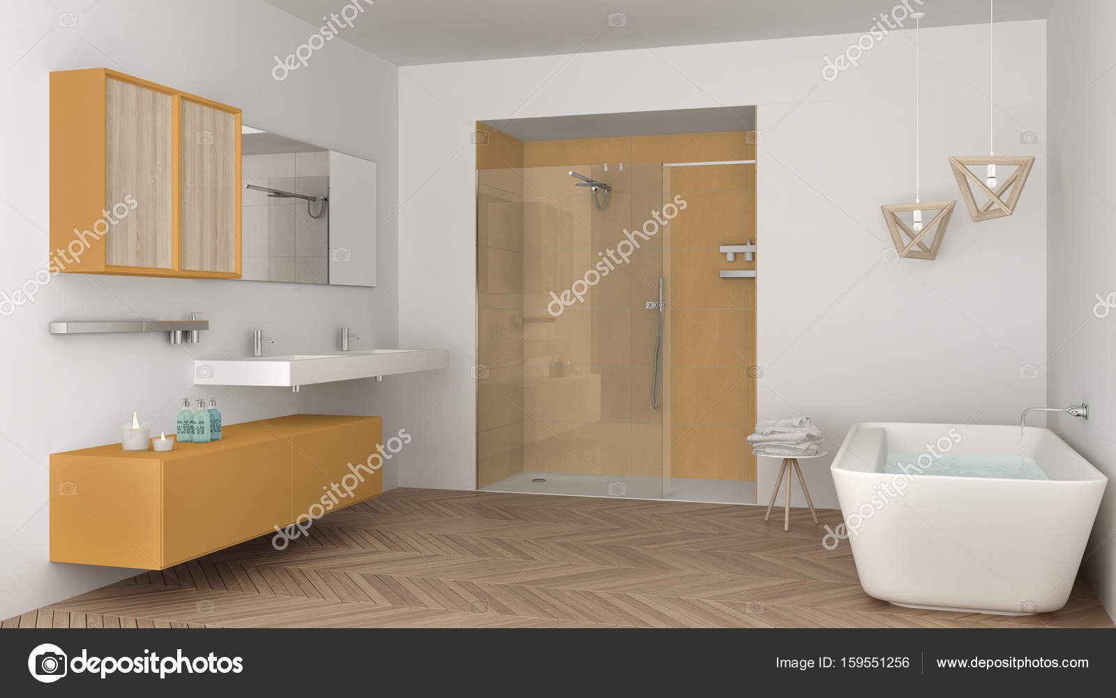 Minimalist Bright Bathroom With Double Sink Shower And Bathtub Minimalist Bright Bathroom With Double Sink Shower And Bathtub Stock Photo