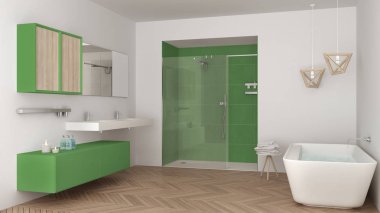 Minimalist parlak banyo çift lavabo, duş ve küvet,