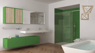 Minimalist parlak banyo çift lavabo, duş ve küvet,