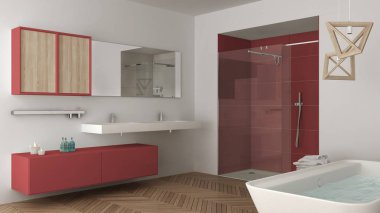 Minimalist parlak banyo çift lavabo, duş ve küvet,