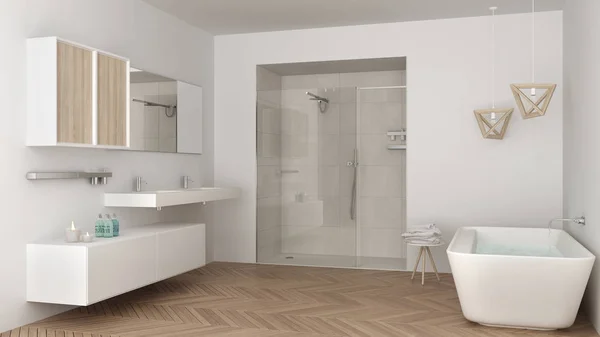 Minimalistické světlou koupelnou s dvojité umyvadlo, sprchu a vanu, — Stock fotografie