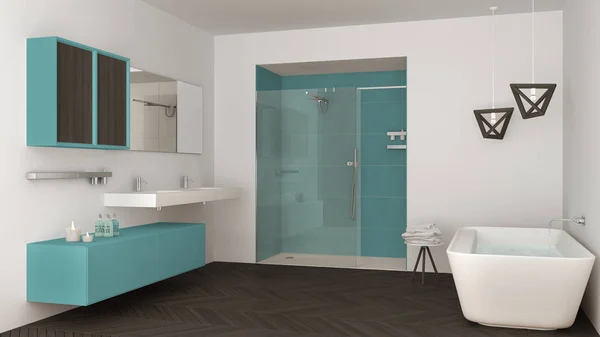 Minimalista világos fürdőszoba dupla mosdóval, zuhanyzóval és fürdőkáddal, — Stock Fotó