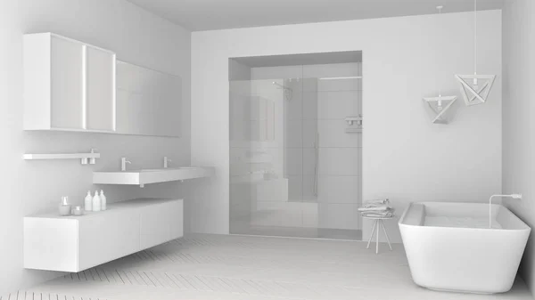 Totale witte project van minimalistische lichte badkamer met dubbele si — Stockfoto