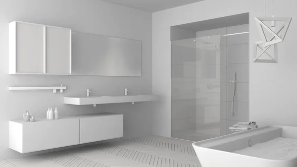 Proyecto blanco total de baño luminoso minimalista con doble si — Foto de Stock