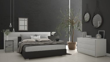 Pencere, göğüs çekmece ve büyük zeytin ağacı ile modern yatak odası, 