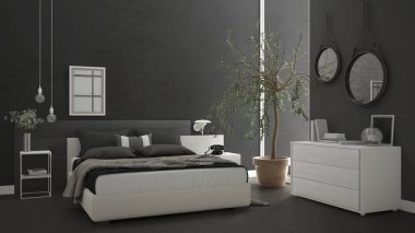 Pencere, göğüs çekmece ve büyük zeytin ağacı ile modern yatak odası, 