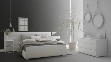 Minimalist modern yatak odası, kroki abstra, tamamlanmamış proje